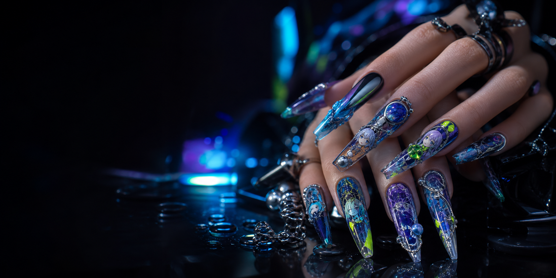 Сложный японский nail-art с длинными формами, chrome, 3D-декором и росписью