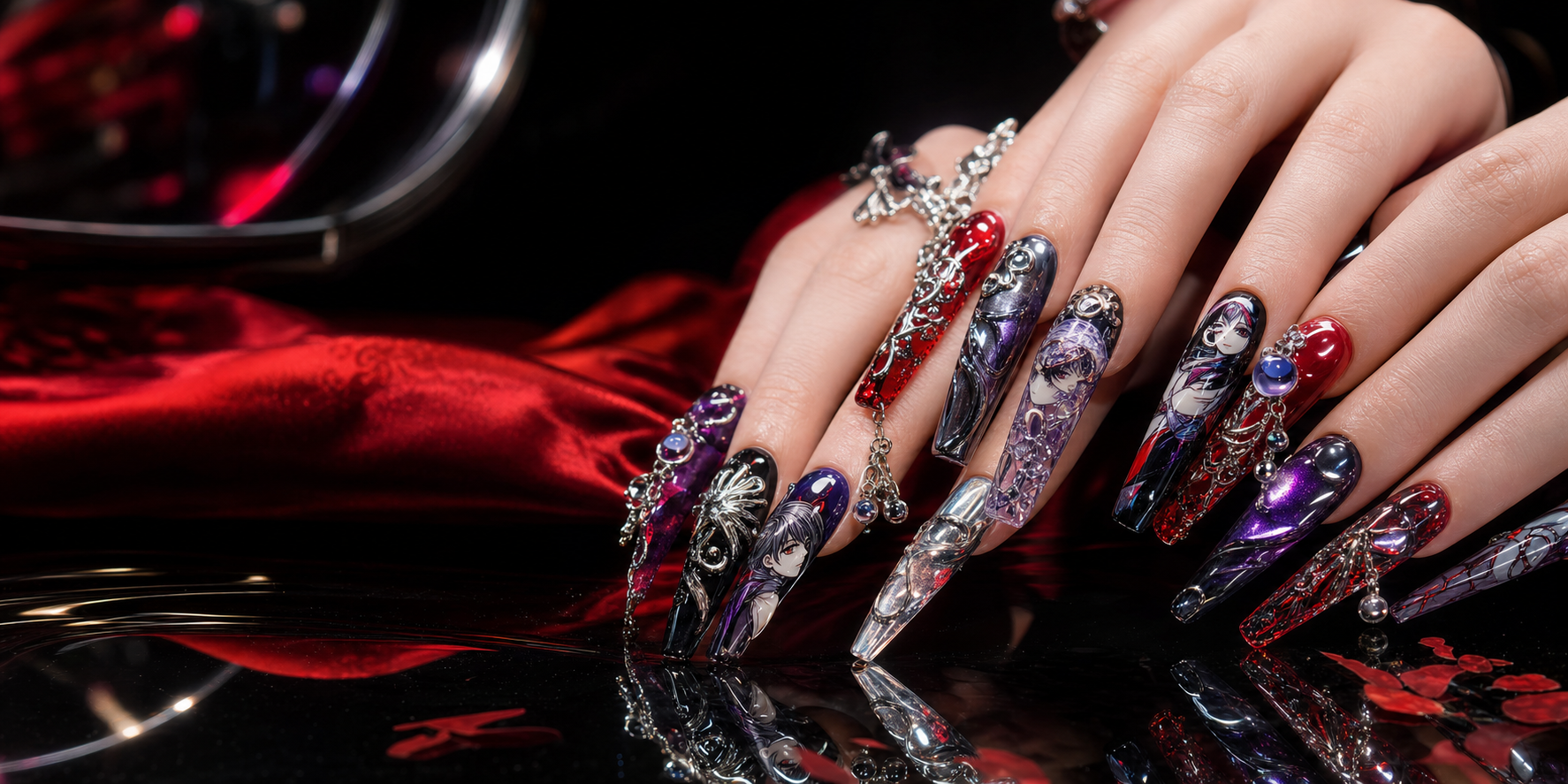 Сложный японский nail-art с длинными формами, chrome, 3D-декором и росписью